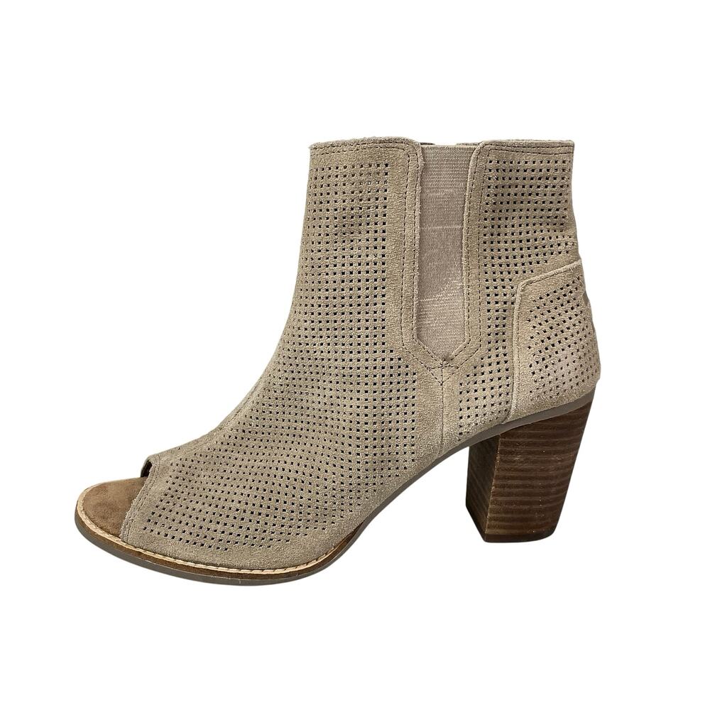 NEW TOMS Majorca Women's Perforated Suede Open Toe Block Heels Ankle Booties 10